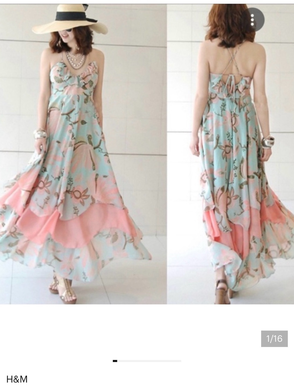 H&M very early 00'S Mint Green boho & Peach Floral Maxi Dress